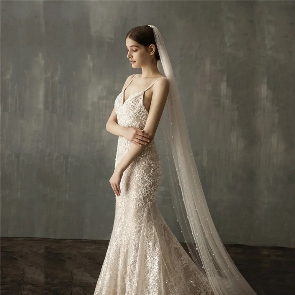 Cathedral Pearl Bridal Veil | Hand-Stitched Ivory Tulle | Pearl Wedding Veil